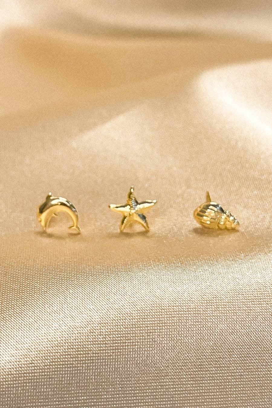 Trio de Brincos Marinhos Banhado em Ouro 18k
