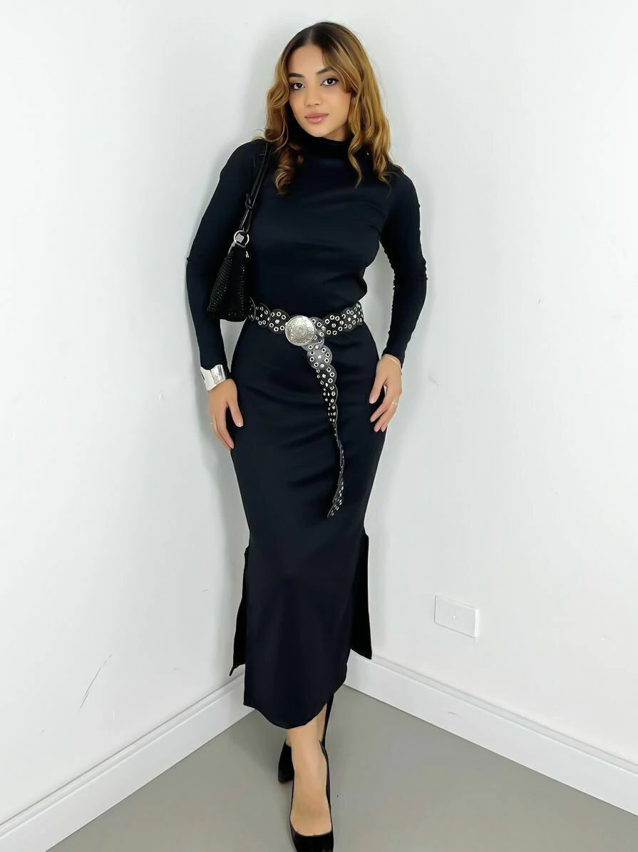 Vestido Midi em Ribana Manga Longa com Gola Adriana