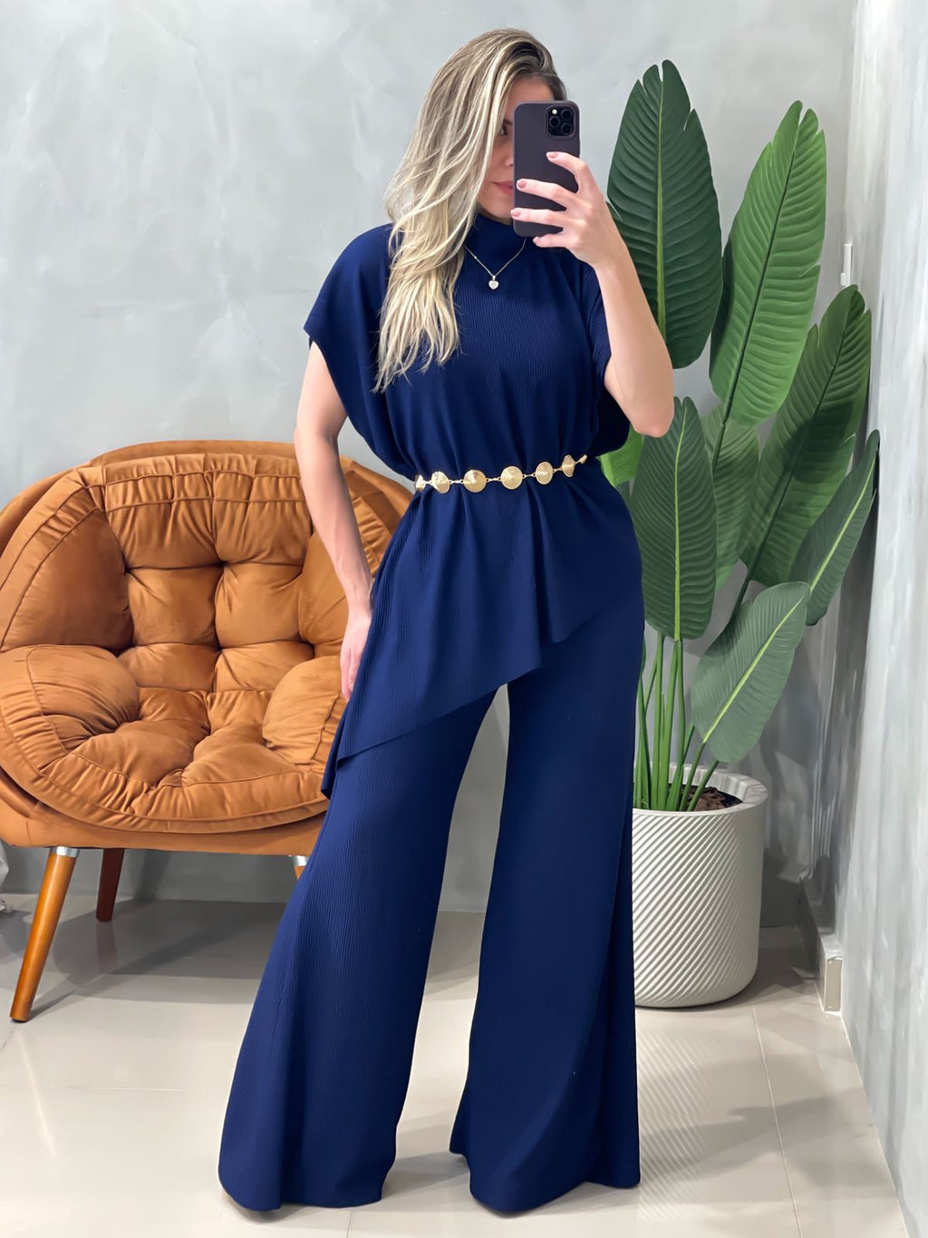 Conjunto em Anarruga Blusa Poncho Assimétrica e Calça Pantalona Sandra Ref. 16